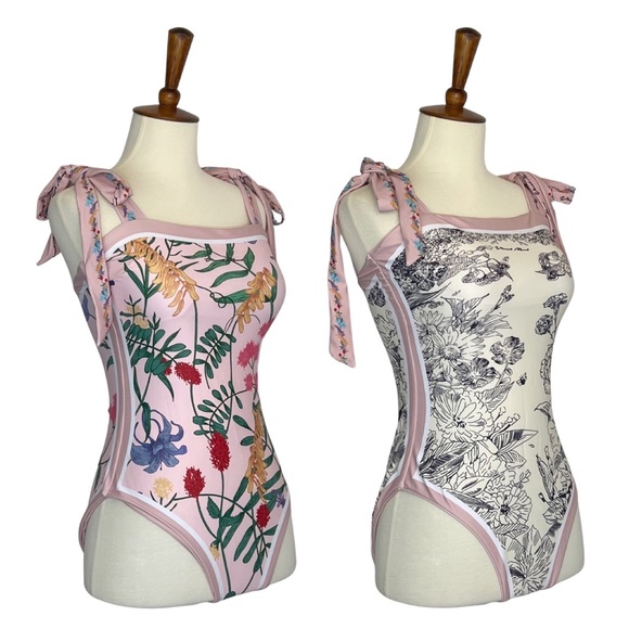 Retro Pink and White Floral Reversible Swimsuit with Shoulder Ties - Picture 9 of 16